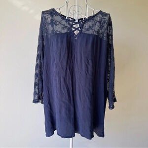 Torrid lace top cotton 3/4 sleeve blouse crew neck navy blue size 2 or 2X